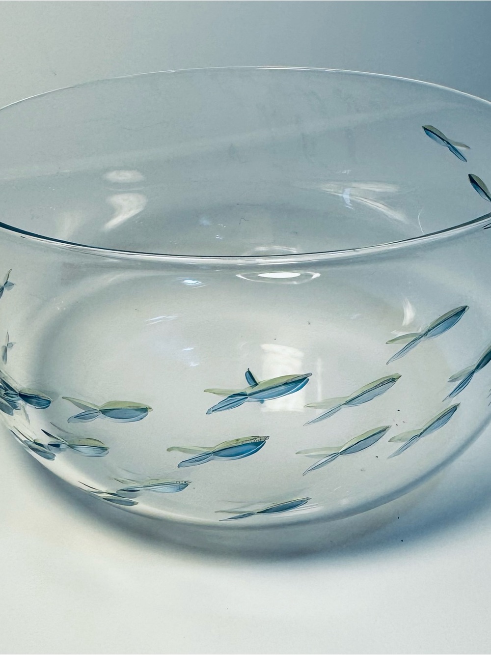 School of Fish Bowl Medium Bowl with Etched Blue Fish Design
